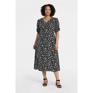 Time and Tru Ruched Sleeve Midi Dress XXXL (22) Black White Floral New NWT